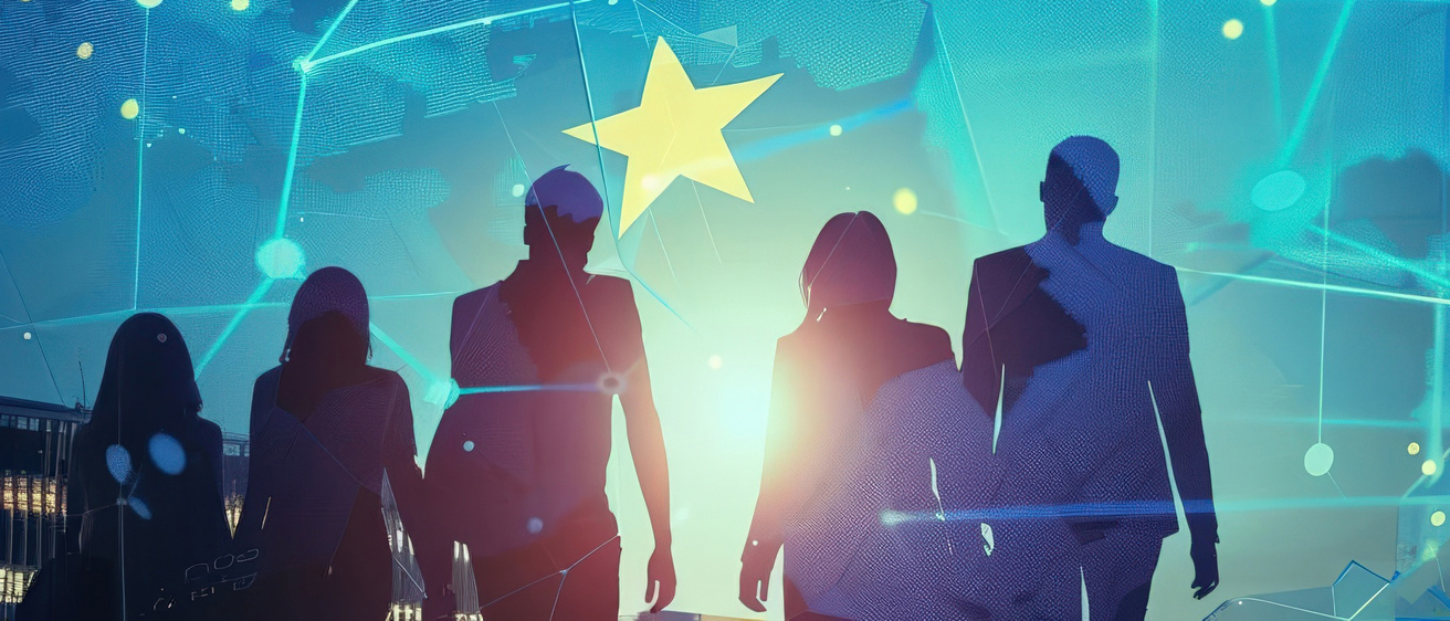Silhouette of five people walking against a nighttime sky. There are stars and digital images in the sky.