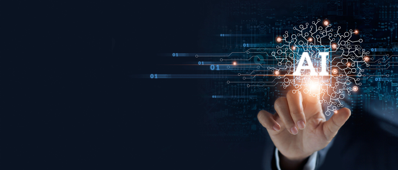 Man's hand reaching out to touch a graphical representation of an AI brain